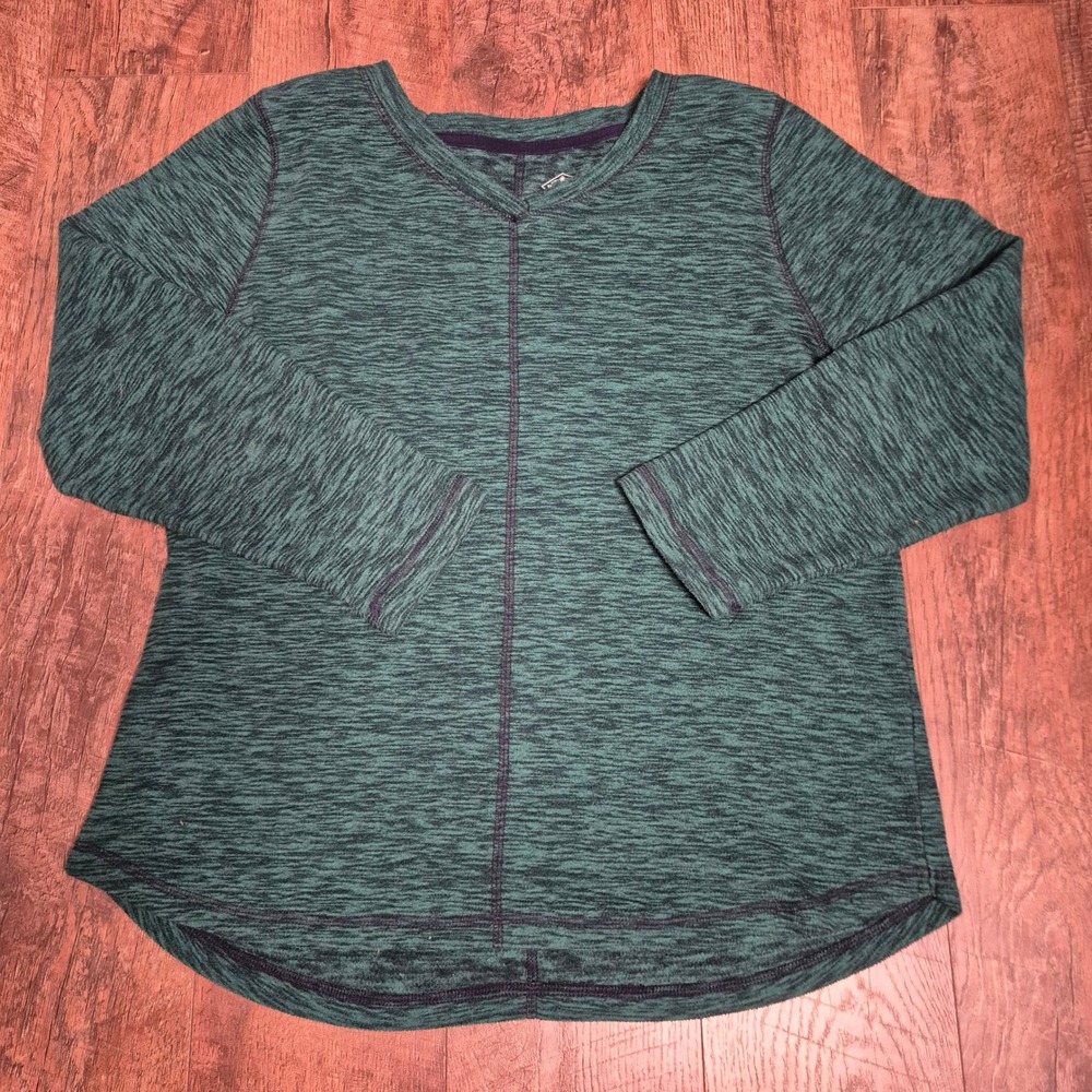 St Johns Bay V Neck Top Womens Large Space Dye Green Polyester Long Sleeve